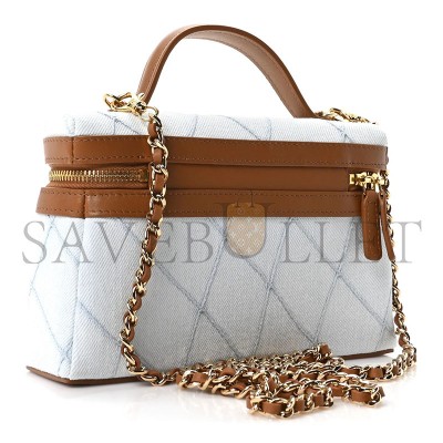 CHANEL MASTER WASHED DENIM CALFSKIN QUILTED TOP HANDLE SLIM VANITY CASE WITH CHAIN BLUE BROWN AP5164 (19.5*17*5cm)